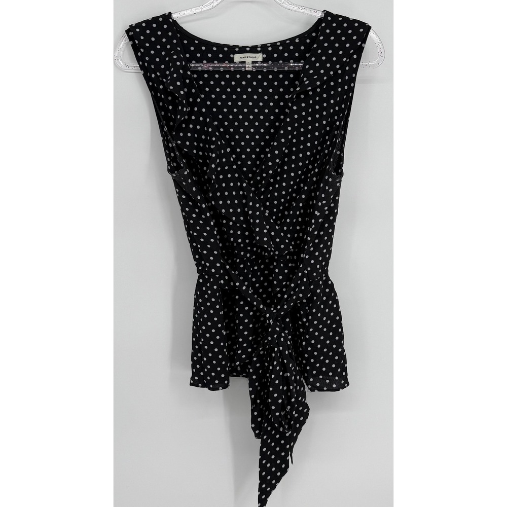 Max Studio Womens Black Polka Dot Ruffle Wrap Top Sleeveless Tie Waist Sz L